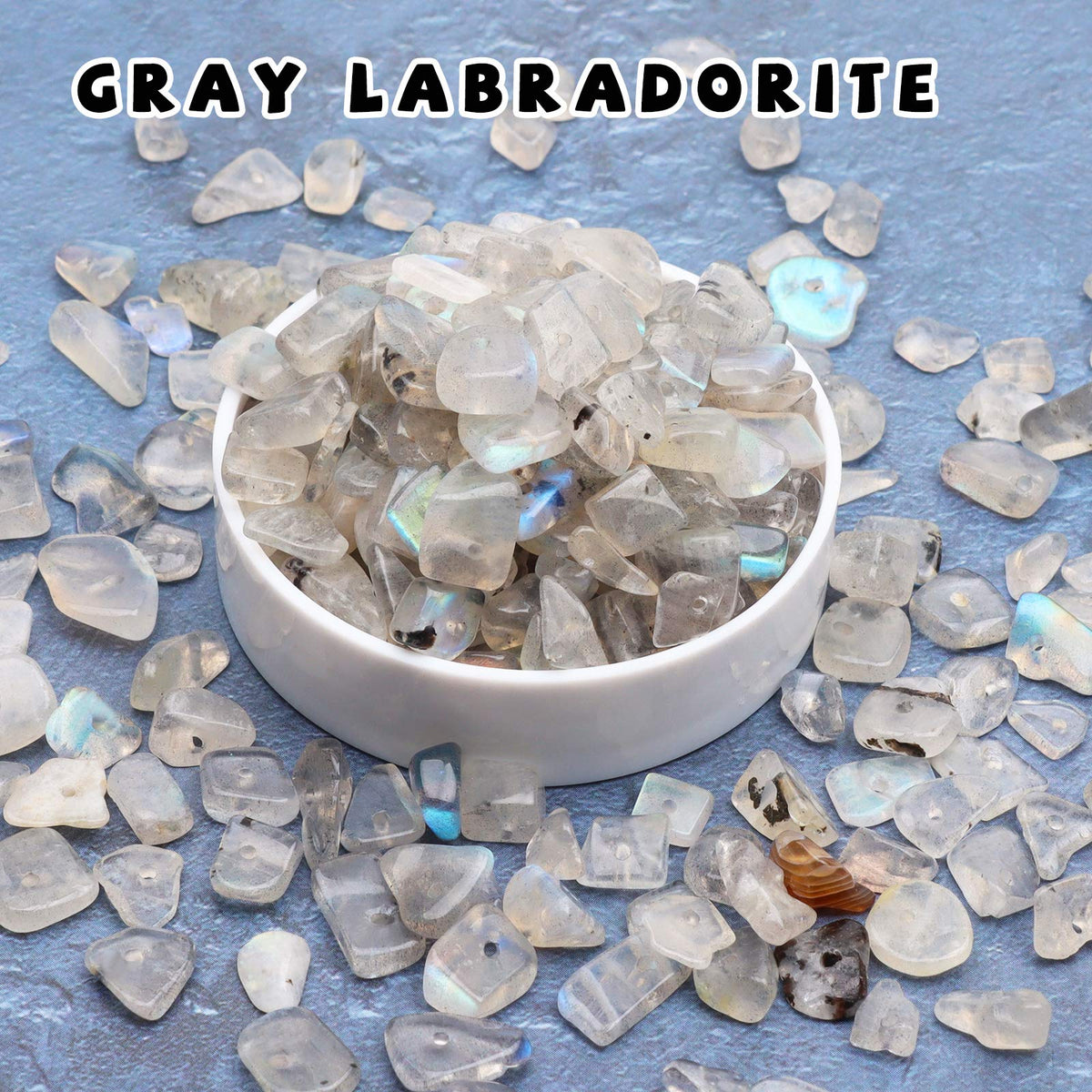 500 pcs Natural Chip Stone Beads, Gray Labradorite 5-8 mm Irregular Gemstones Healing Crystal Loose Rocks Bead Hole Drilled for Jewelry Making Bracelet