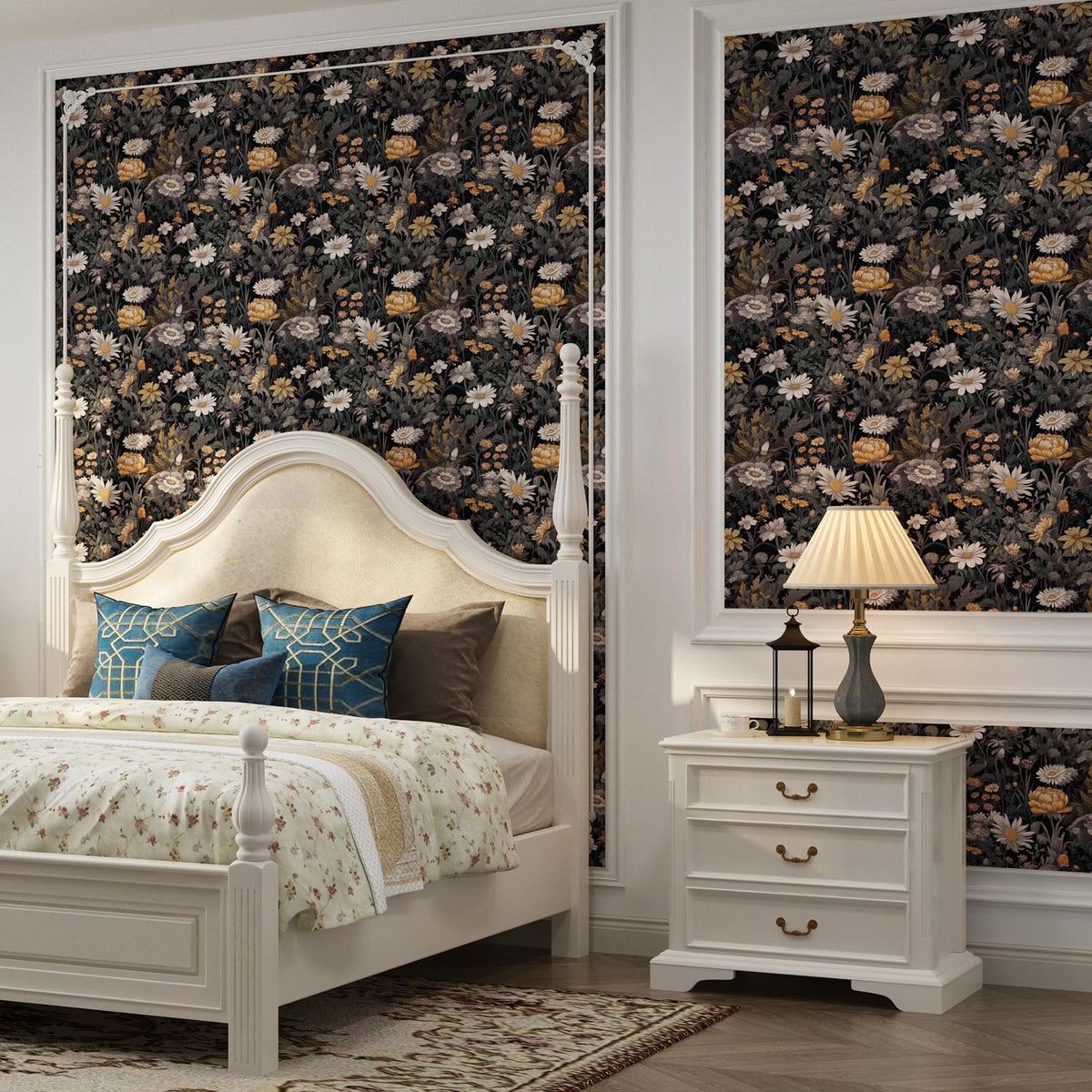Black Floral Peel and Stick Wallpaper, Vintage Dark Botanical Contact Paper, Gold Daisy Self Adhesive Vinyl Wall Paper Waterproof&Removable Renter Friendly Wallpaper for Bedroom Cabinet 15.7"x 197"