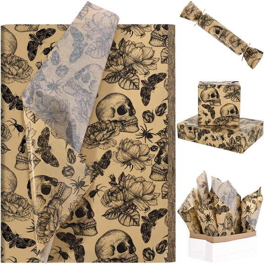 100 Sheets 20 * 14 Inches Vintage Halloween Tissue Paper Kraft Gothic Floral Skull Moth Spider Printed Tissue Paper for Gift Wrapping Spooky Decorative Tissue for Halloween Party DIY Craft Supplies