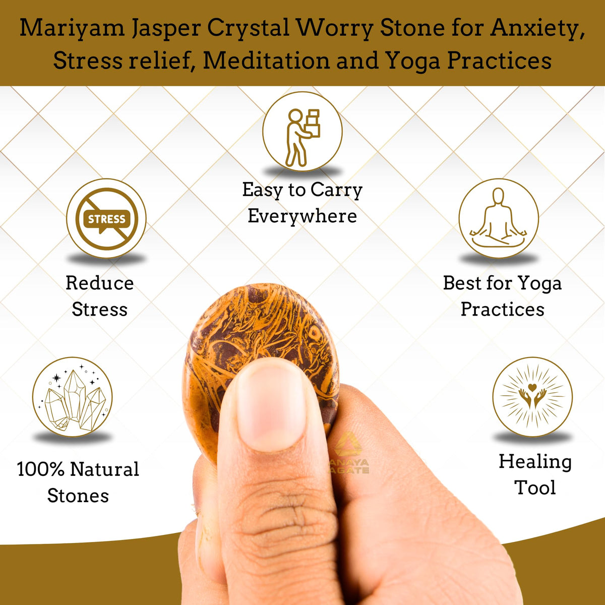 Anaya Agate Mariam Jasper Worry Stones Certified Crystal Thumb Worry Stone for Anguish, Relaxing and Soothing Balance Stones for Meditation, Stress Relief Crystals and Healing Stones for Men, Women