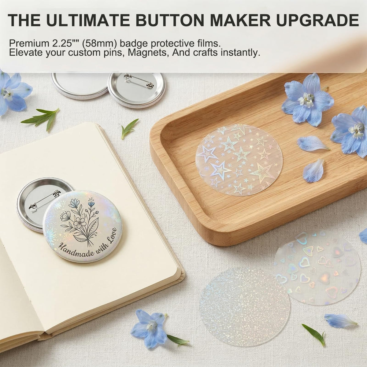 DAWZMR 390 Pcs Holographic Badge Film (13 Styles), Glitter Button Making Supplies for 2.25 Inch 58mm Machine, Round Badge Protective Film (Stars, Hearts, Broken Glass)