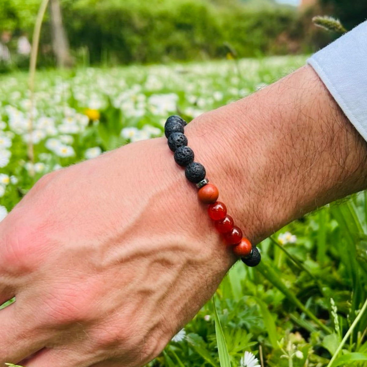 TEJO Natural Stone Beaded Bracelet – Handmade Energy Healing Bracelet for Men & Women, Yoga Chakra Jewelry Gift (Black & Red Natural Stone Bracelet – for Men, 8 inches)