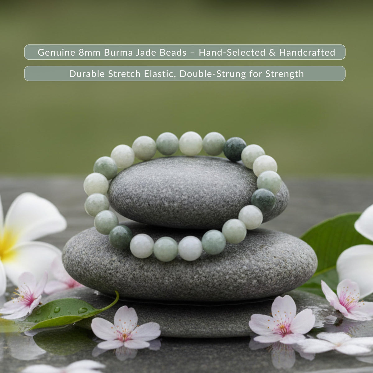 Cherry Tree Collection Burma Jade Beaded Bracelet – Genuine 8mm Gemstone Stretch Bracelet for Men & Women – Handmade Crystal Bracelet - (Burma Jade - M)