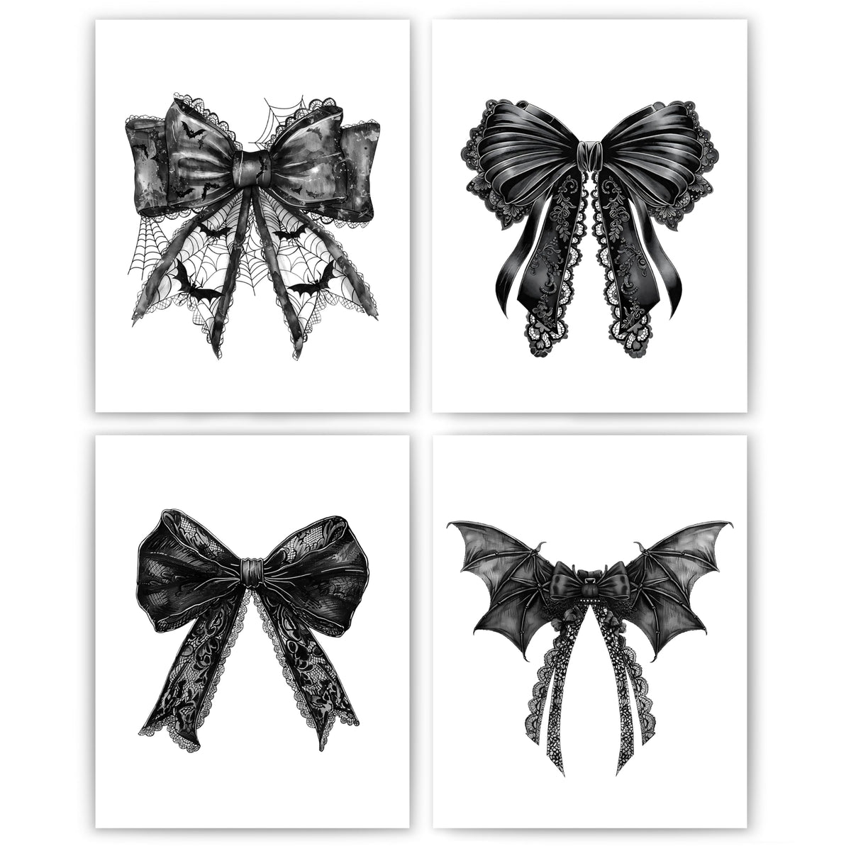 JWVK Coquette Halloween Black Lace Bow Bats Wall Art Prints Set of 4, Gothic Halloween Decor, Halloween Wall Decorations, Dark Academia Halloween Posters Wall Decor for Home Office, 8x10 Unframed