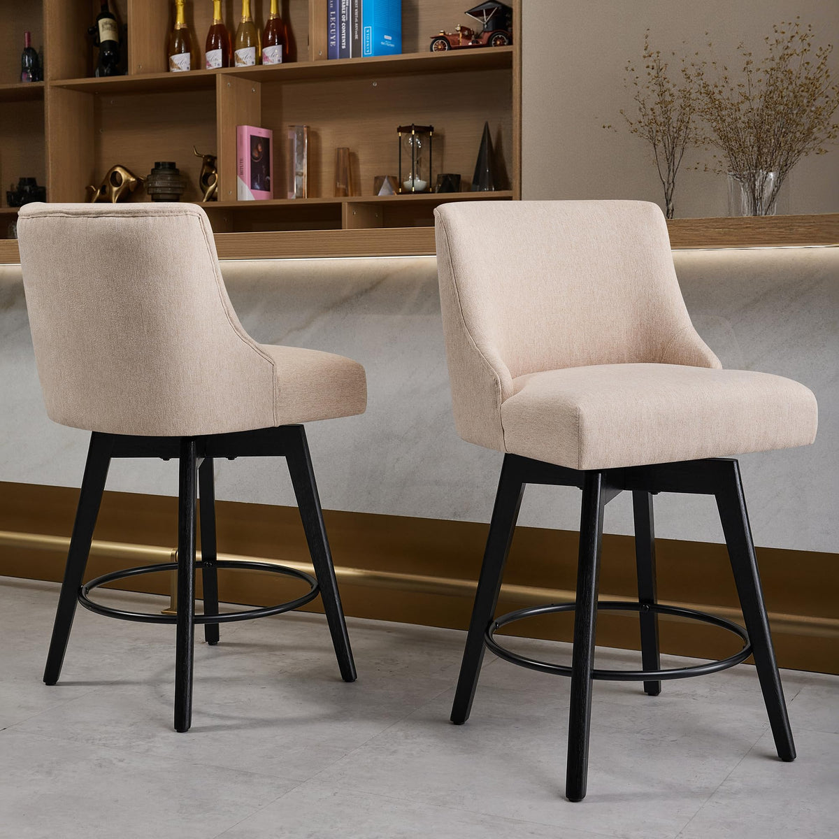 Erdoru Counter Height Bar Stools Set of 4,Swivel Barstools with Backs and Wood Legs,Linen Fabric Upholstered Counter Stools for Kitchend Island,Mid-Century Modern 26"Seat Height Bar Chairs,Flax Beige