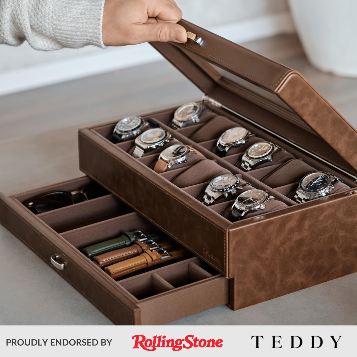 TAWBURY Bayswater 12 Slot Watch Box with Drawer (Brown) with a Set of 12 X-Small Pillows to Fit 5.5-6.5" Wrists