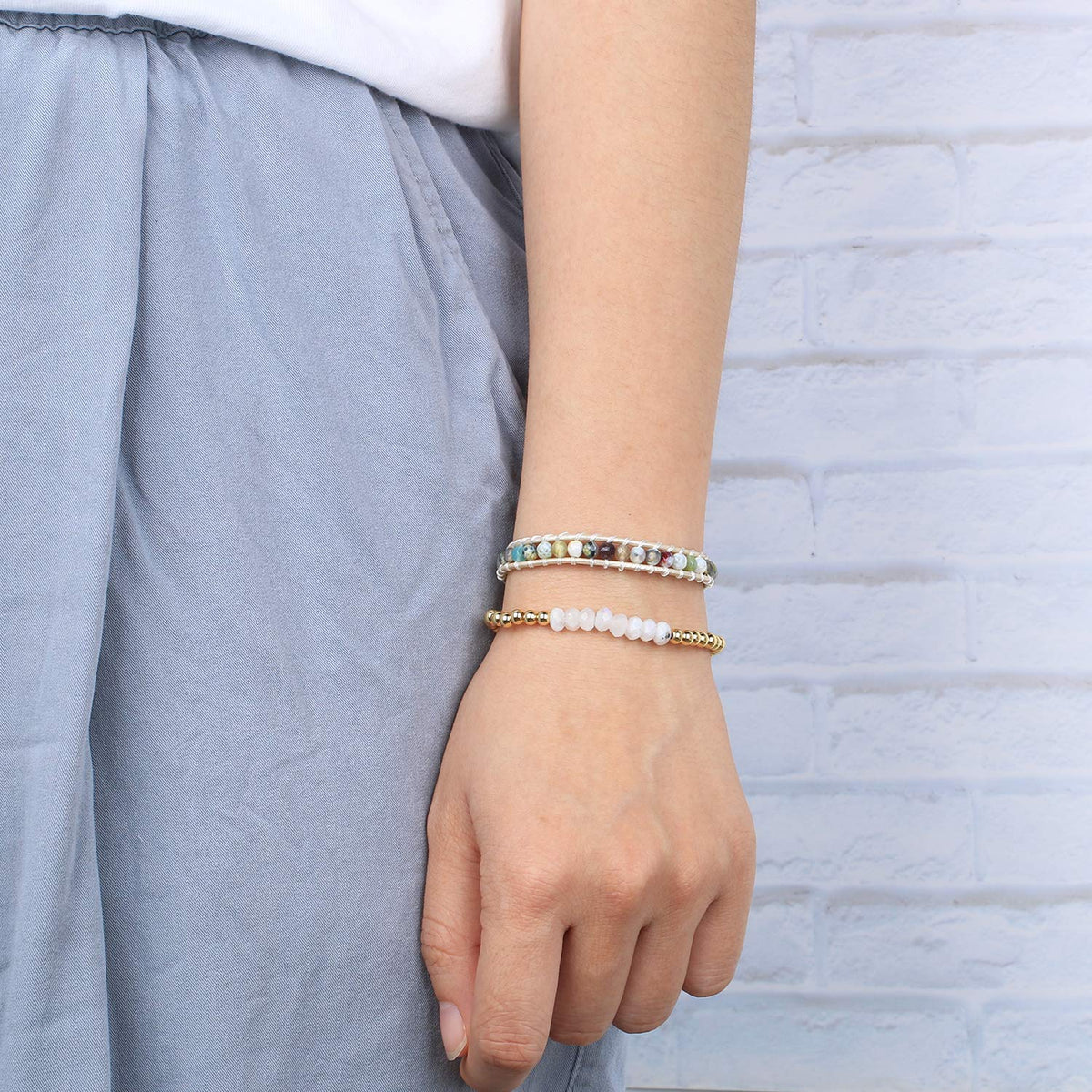 KELITCH Women Silver Stretch Bracelets Crystal Turquoise Beaded Bracelet Gold Stretch Bracelets Agate Bracelets