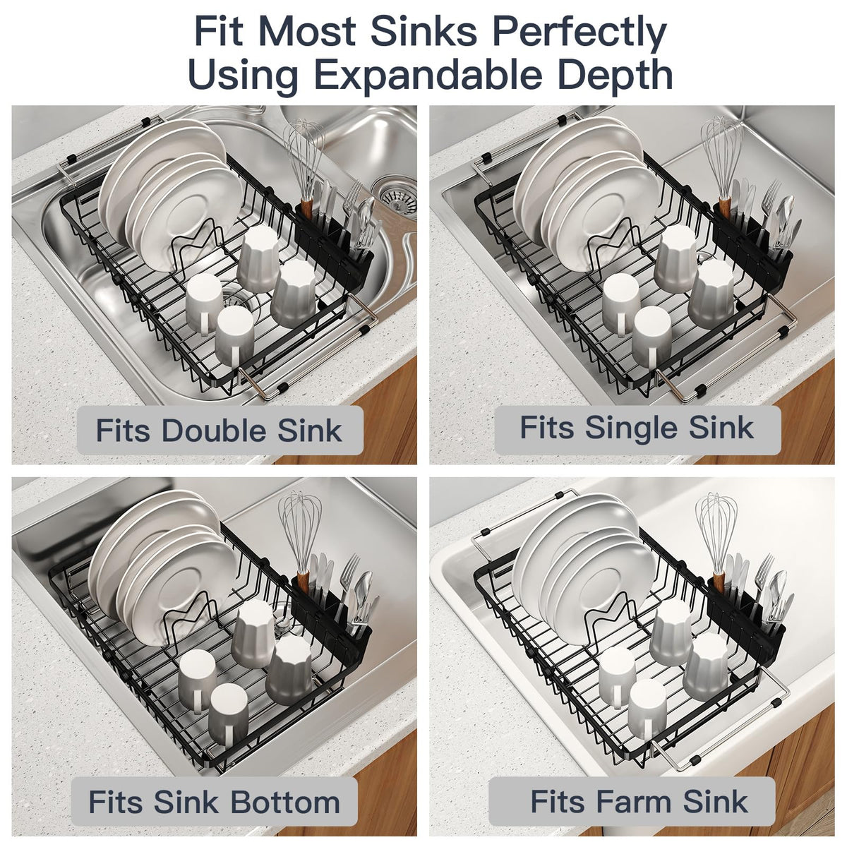MAJALiS Expandable Stainless Steel Over The Sink Dish Drying Rack for Small Kitchen Counter Space Saving, Compact RV Plate Drainer Strainer in Black Wire Metal with Hanging Adjustable Utensil Holder