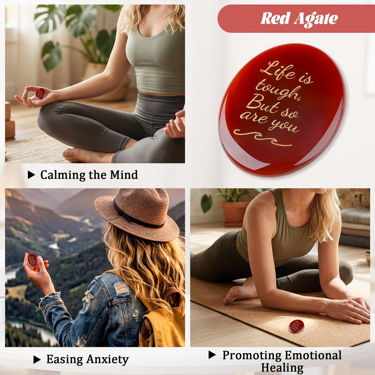 NUKAYAI Inspirational Gifts Worry Stone Red Agate Stone Crystal Natural Healing Crystals Oval Tiny Stress Relief Trinkets Fidget Palm Meditation Accessories Anxiety Relief Items Gifts for Women Men
