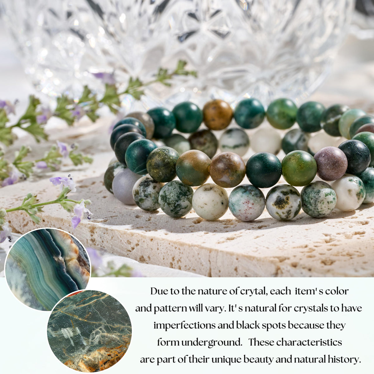 Bivei Natural Gemstone Semi Precious Crystals Handmade Stretchy Round Beads Bracelet, Enhance Positive Energy,Stocking Stuffers for Women(Tree Agate & India Agate(Strength & Harmony) Medium)