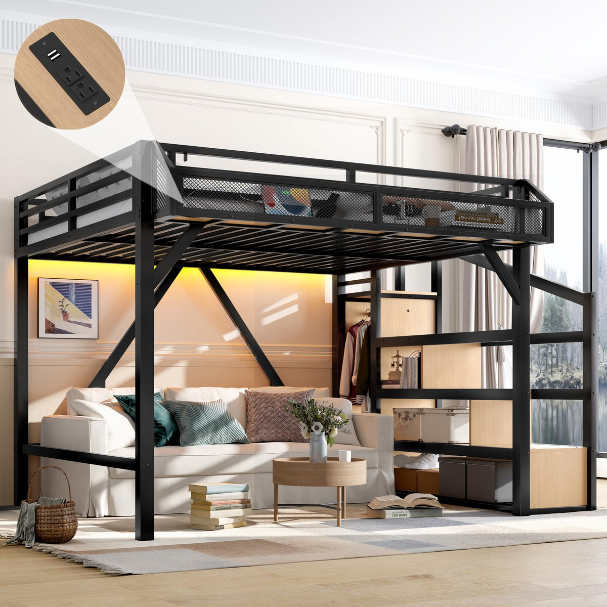 KEIKI Queen Size Loft Bed with Storage Stairs for Adults, Heavy Duty Bunk Beds with Shelves, Wardrobe, Metal Bedframe with USB Ports for Bedroom, Natural