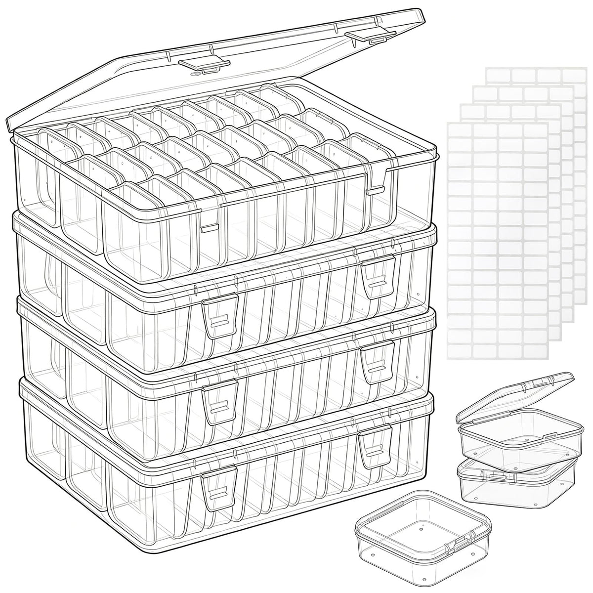 124 Pack Bead Organizer Box, Transparent Small Plastic Containers (4 Large Boxes and 120 Small Boxes), Bead Organizers and Storage with Blank Stickers for Bracelet Making DIY Jewelry Craft Nail