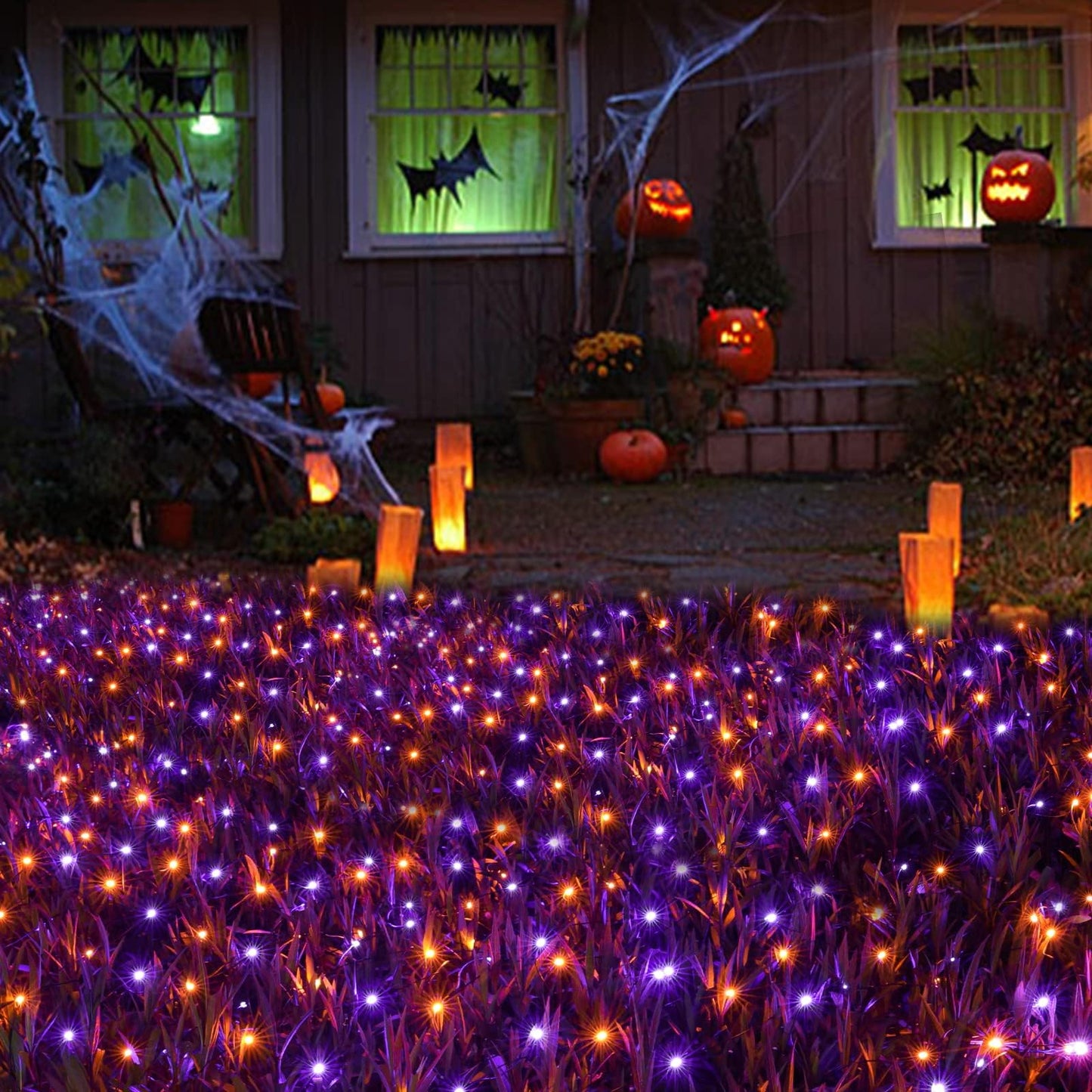 Joomer 12ft x 5ft 360LED Orange Purple Halloween Net Lights Outdoor Mesh lights, 8 Modes Timer Connectable Waterproof Bush Light Mesh Netting Light for Halloween Outdoor Decorations (Green Wire)