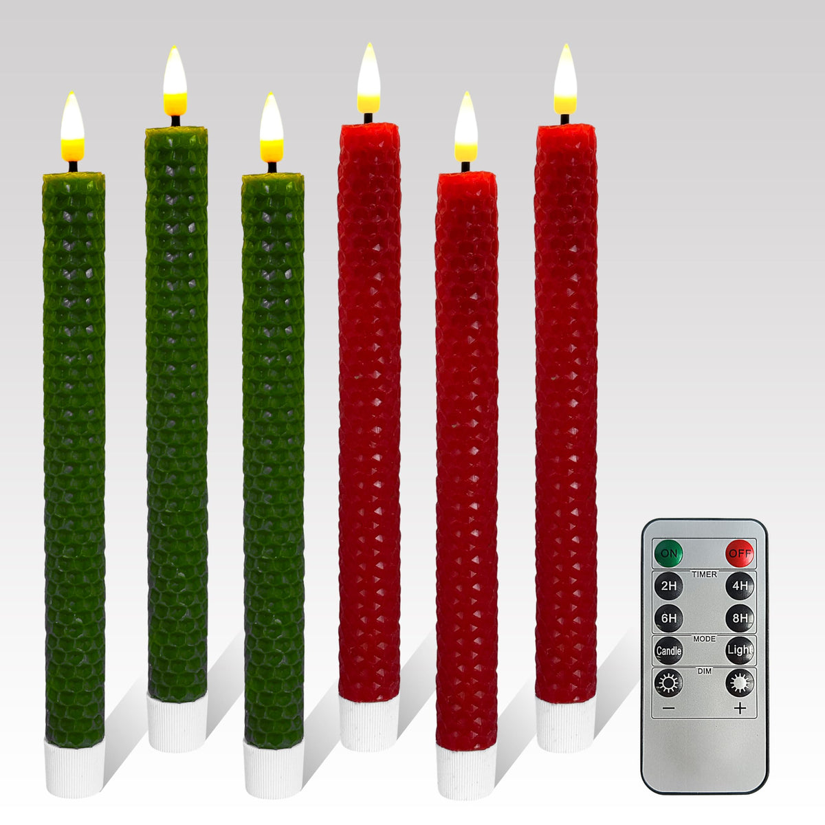 FCMSHAMD Christmas Red&Green Honeycomb Flameless Taper Candles, 9.5 Inch Flickering Candles with Remote and Timer, Real Beeswax Battery Operated Led Candle for Christmas Party Home Decoration, 6PCS