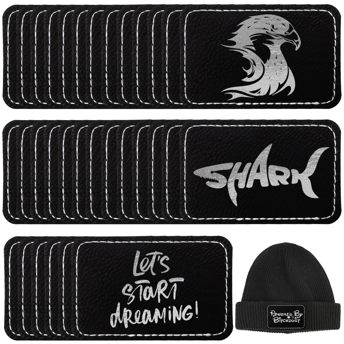 50 Pack Blank Leatherette Hat Patch with Adhesive, Rectangle Laserable Leatherette Patch, Faux Leather Patches for Hats Custom Fabric Repair Sew Laser Supplies (Black to Silver)