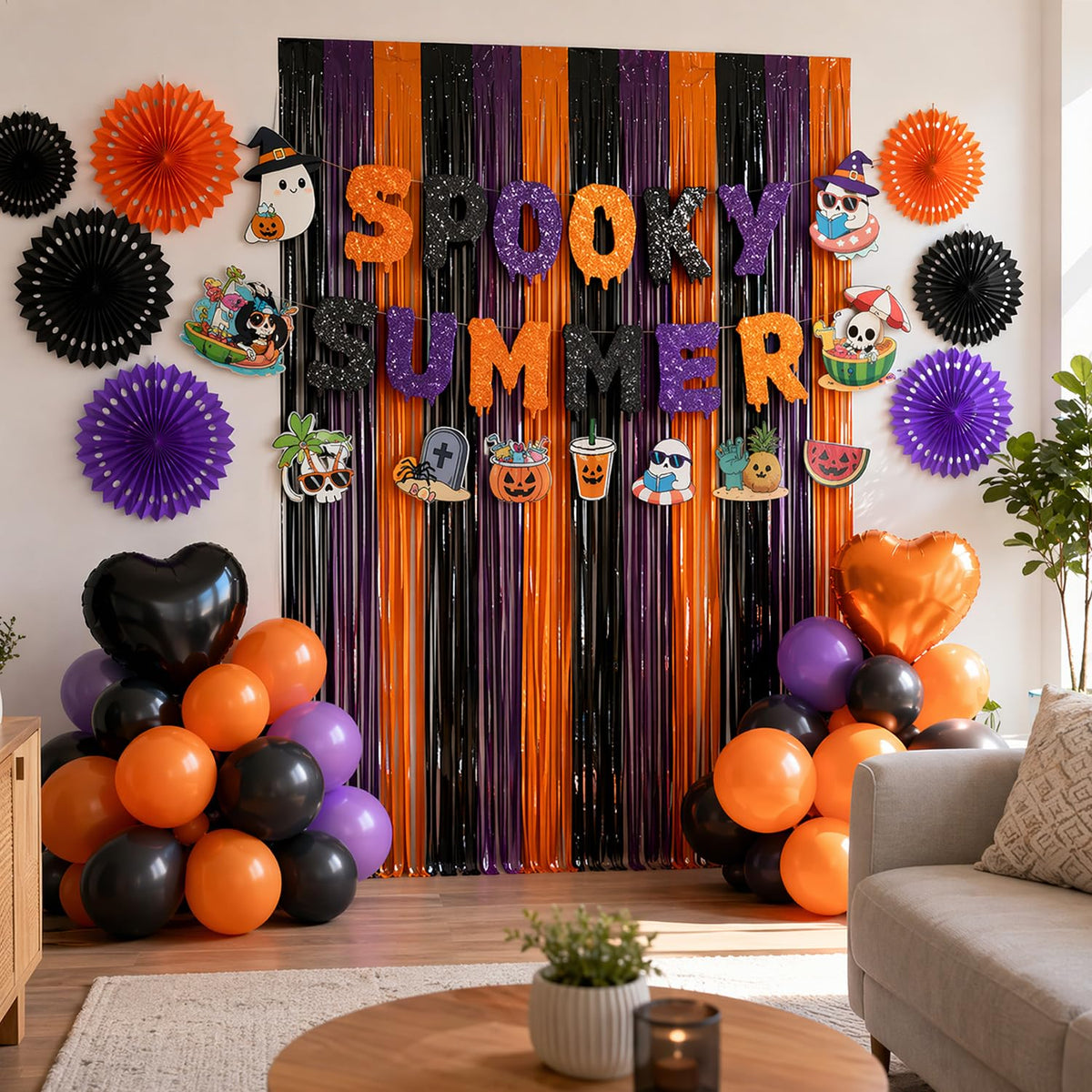 Gameza Summer Halloween Party Decorations - 27PCS Spooky Summer Halloween Banners Paper Fans Balloons Fringe Curtain Decor, Ghost Ween Vibes Holiday Party Supplies