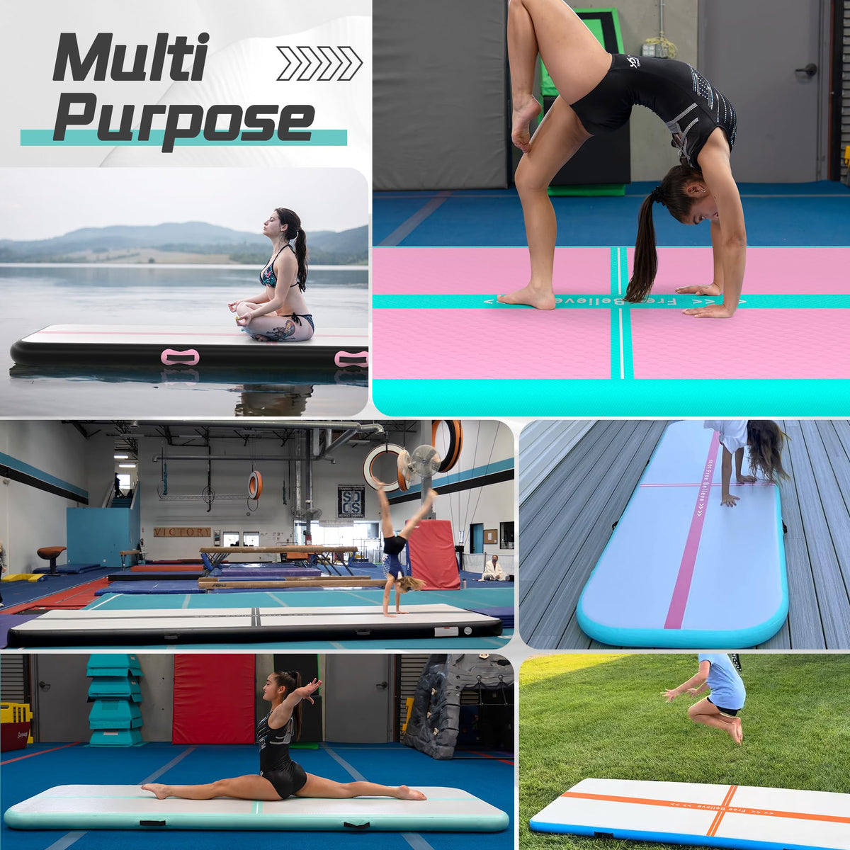 FINCOME Inflatable Gymnastics Mat Air Tumble Track Mats 10/13/16/20ft Training Mats for Home Use Air Mat with Pump 4”/6” Thick for Cheerleading/Yoga/Parkour/Beach/Park/Water