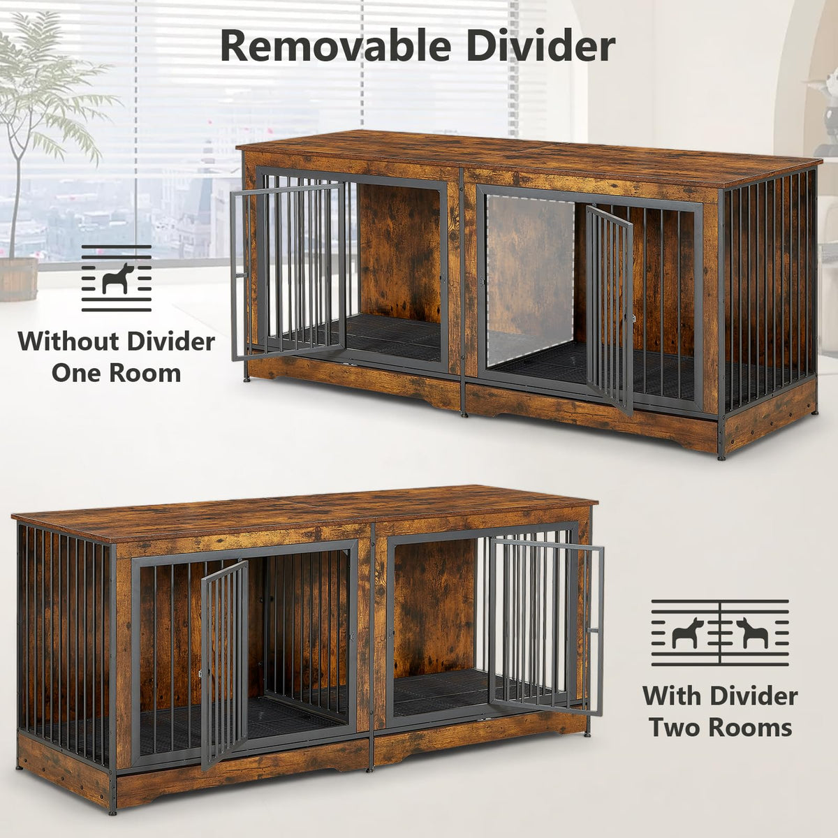 Rovibek 75" Dog Crate Furniture for 2 Dogs, Wooden Extra Large Double Dog Cage Furniture, Decorative Dog Kennels with Double Doors, Indoor Dog Crate TV Stand for Large Dogs, Brown