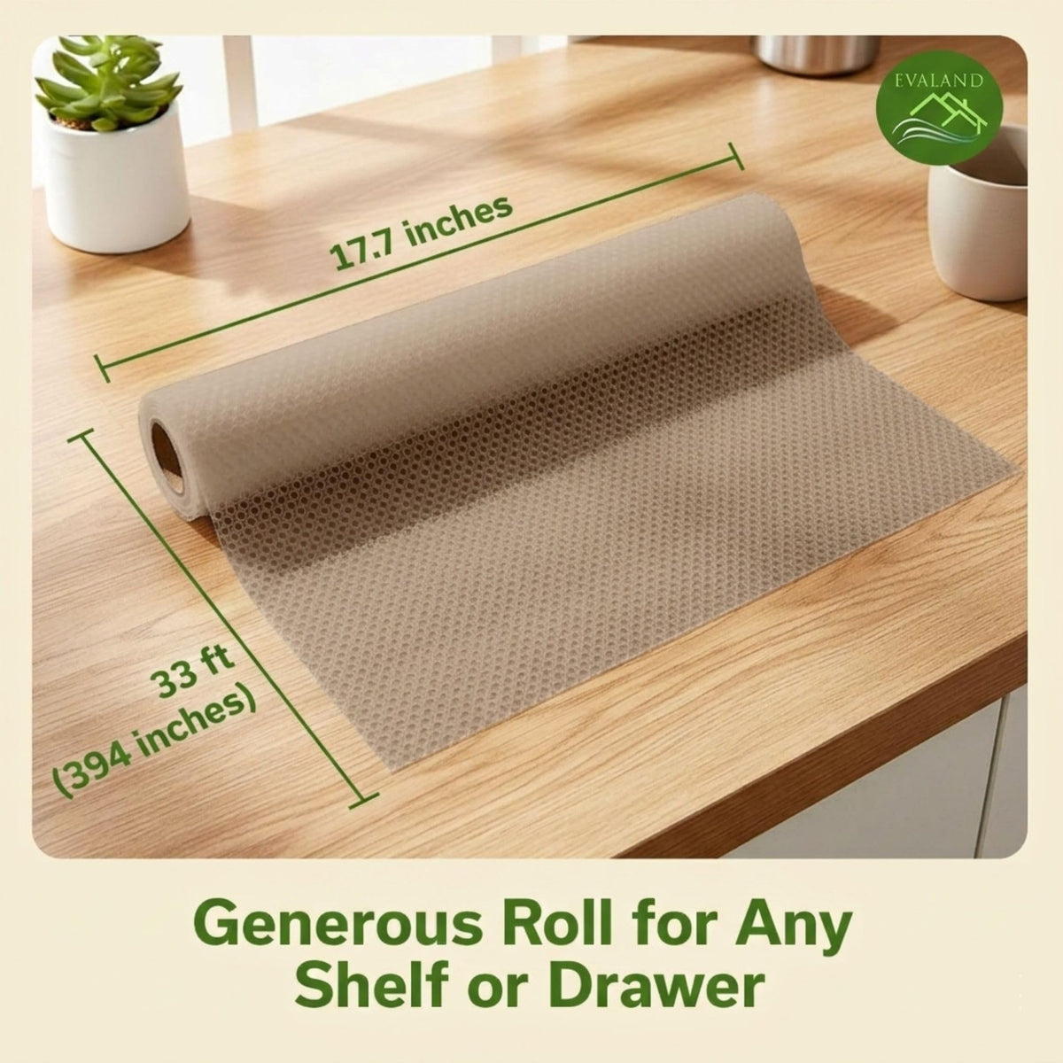 EVALAND Shelf Liners for Kitchen Cabinets Non-Adhesive 17.7" x 33 FT Beige Drawer Liner Non Slip, Washable Cabinet Liner, Waterproof Shelf Liners for Cabinets, Refrigerator Bathroom Pantry - Thickened