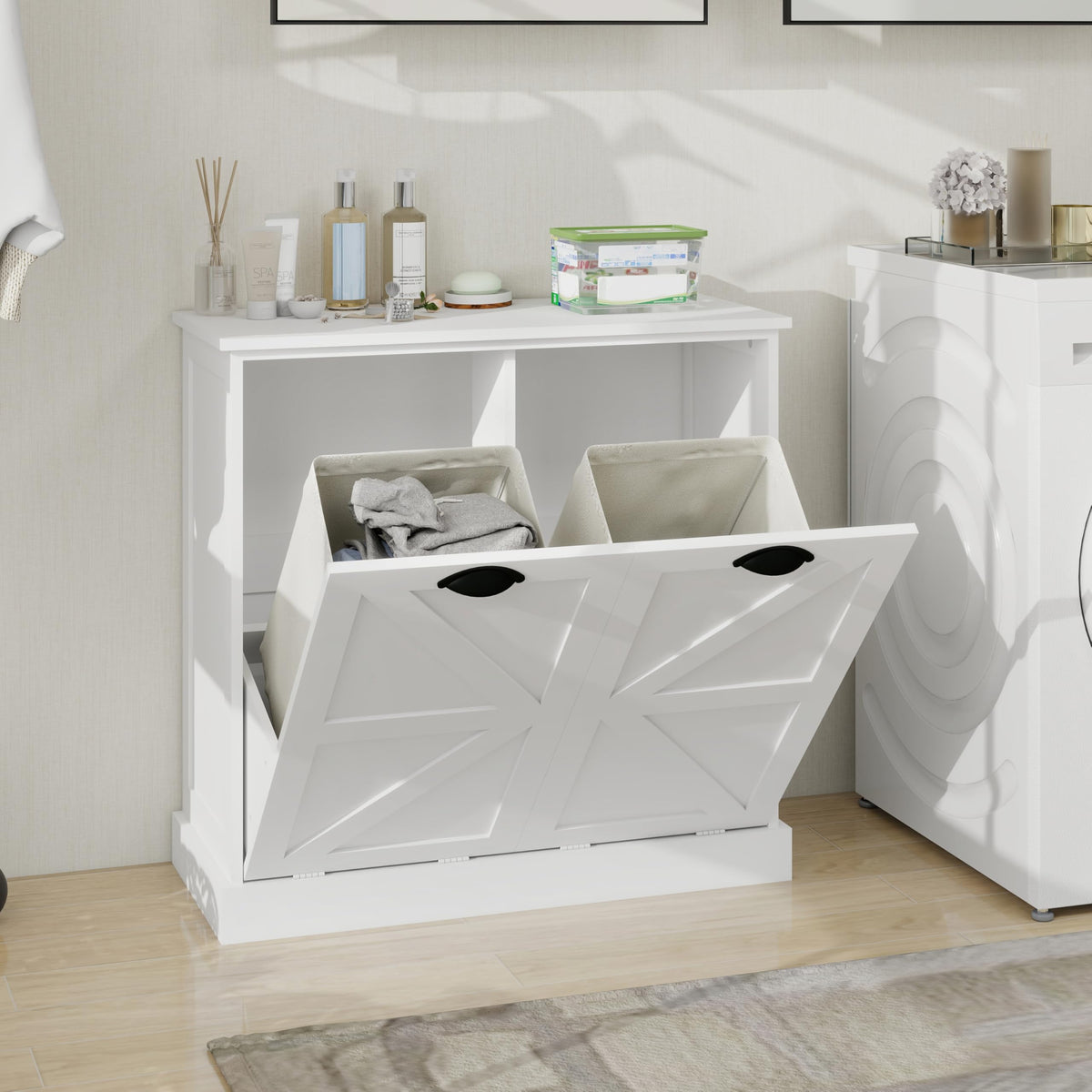 Two Compartment Tilt Out Laundry Sorter Cabinet White