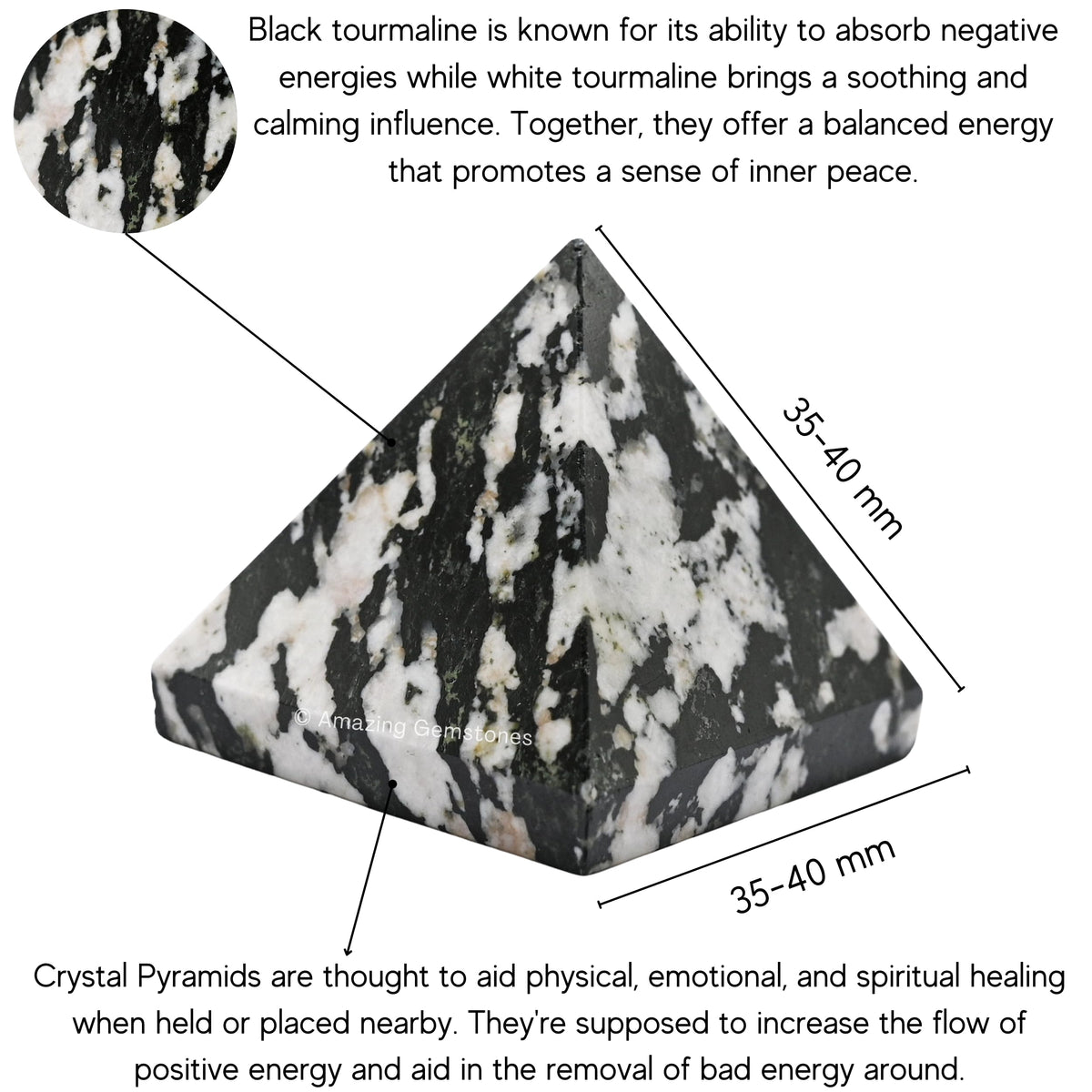 Amazing Gemstone Black and White Tourmaline Pyramid Crystal Healing Stones - 1.5" Great Pyramid Figurine of Natural Stone Pyramid for Meditation, Reiki, Chakra Balancing and Crystal Pyramids Grid