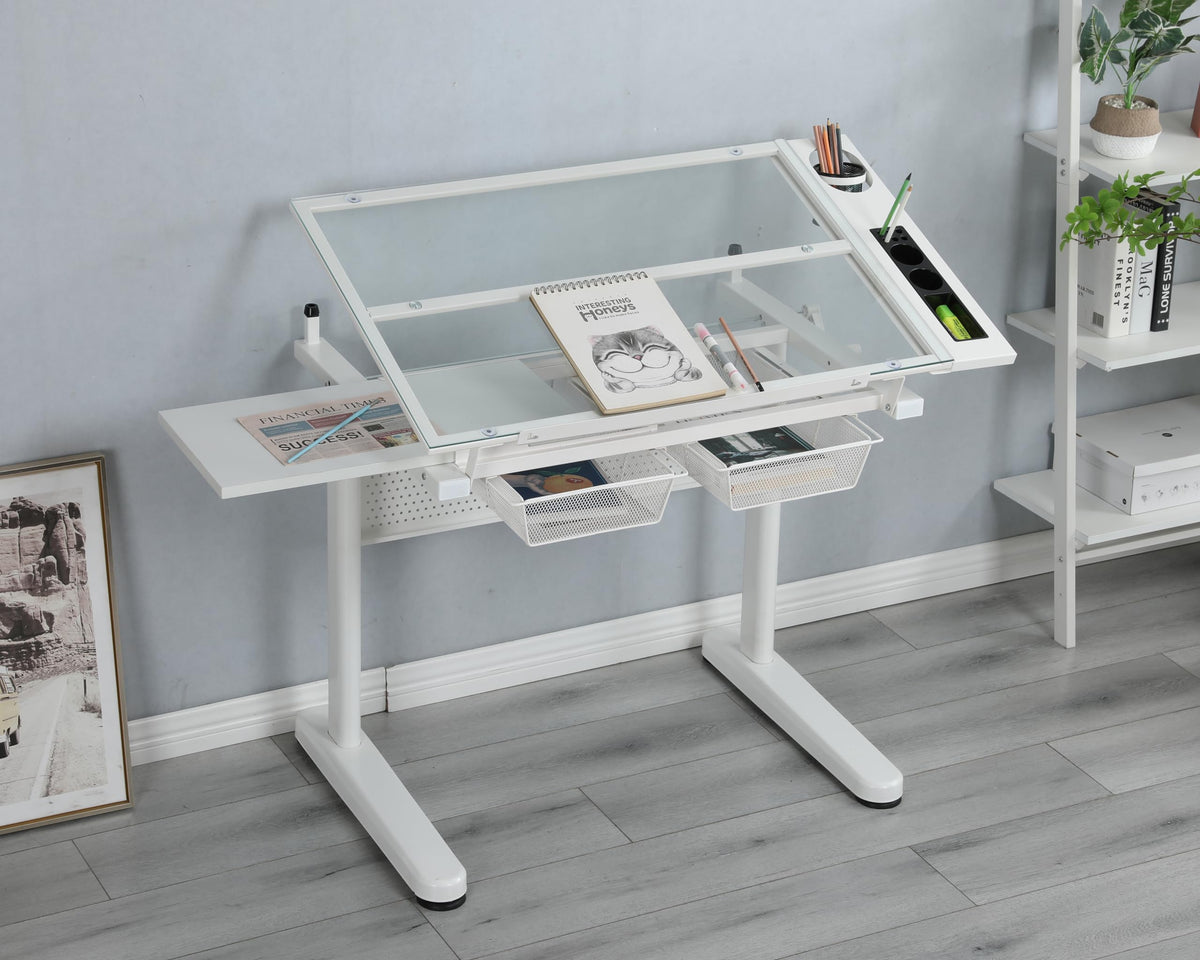 GOWE Hand Crank Adjustable Drafting Table Drawing Desk with 2 Metal Drawers (White) with Stool