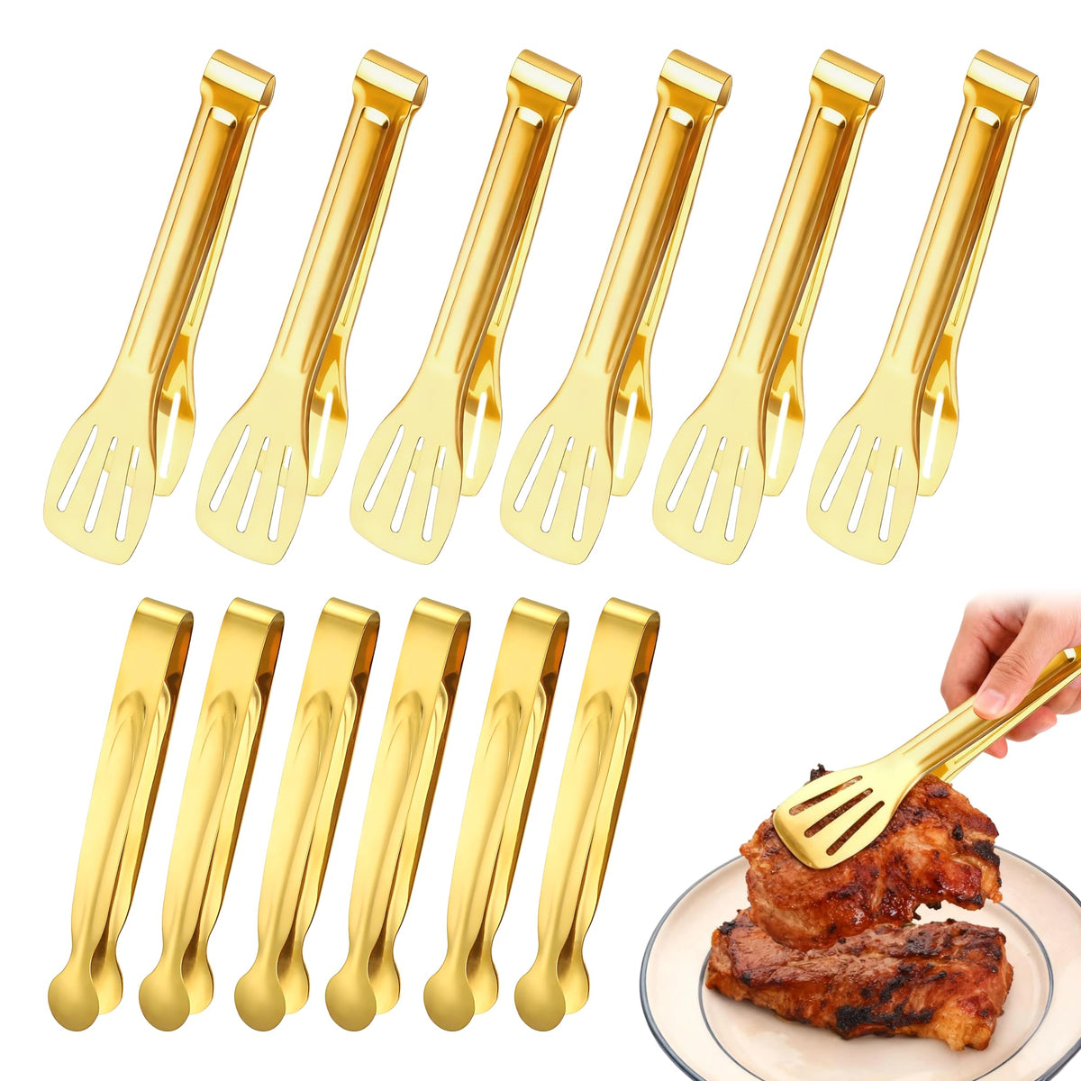 12Pcs Mini Tongs Stainless Steel Food Tong 6" 7" Gold tongs for Serving Food Small Buffet Tong for Appetizers, Tea Party, Coffee Bar, Charcuterie Board, Salad, Kitchen Cooking Tools