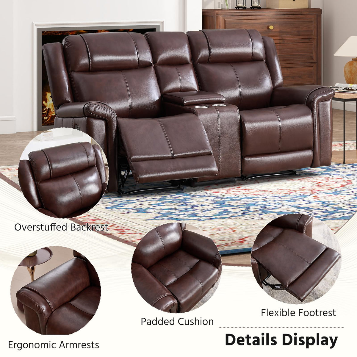 ANJ Premium Genuine Manual Reclining Sofa Set, Included Single Recliner Chair and Loveseat 2-Seater Couch Set of 2 with Hidden Storage& Cup Holders, 3-Piece Living Room Furniture Set, Rust Brown