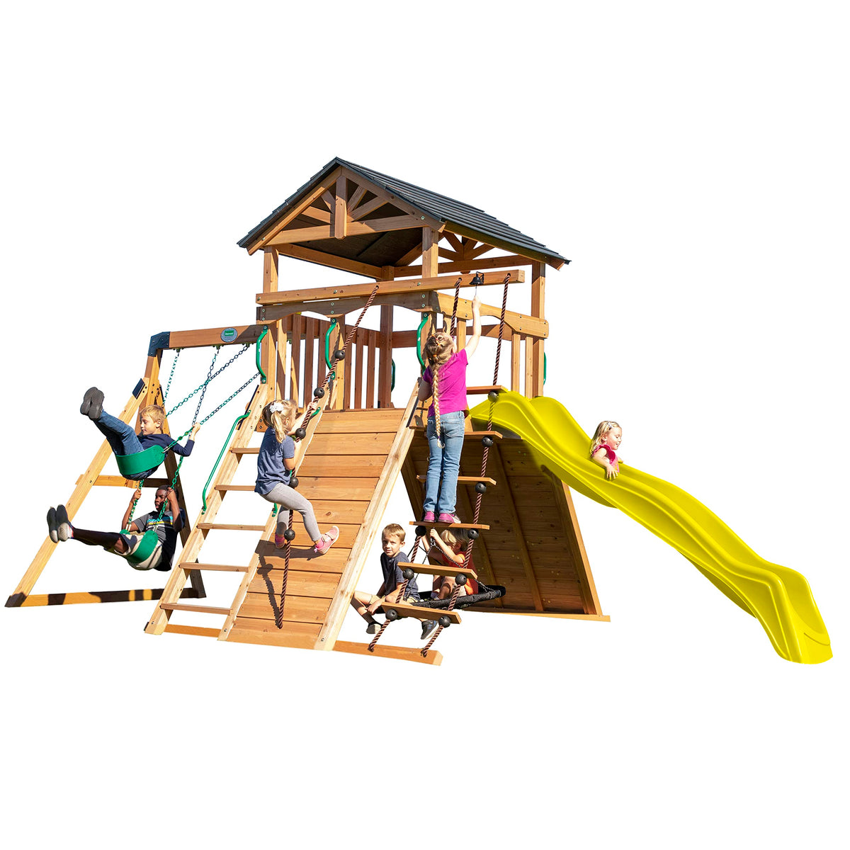 Backyard Discovery Endeavor Cedar Wood Swing Set with Wave Slide, Play Deck, Double Rock Wall, Rope Ladder, Climbing Wall, Belt Swings, 40-Inch Web Swing, Step Ladder, Toy Telescope, Outdoor Playset