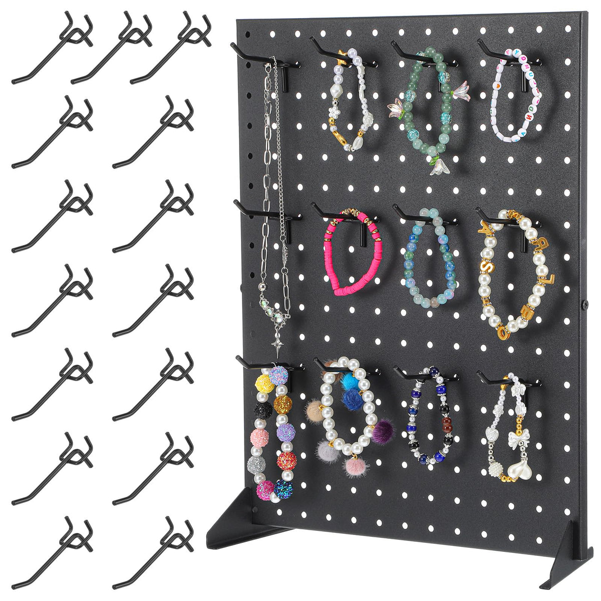 Xaajooio Metal Pegboard Display Stand with 15 Hooks 17x13 Inch Black Tabletop Retail Ornament Display Rack for Jewelry, Accessories, Keychains, Craft Shows, Vendors, Boutiques, and Events