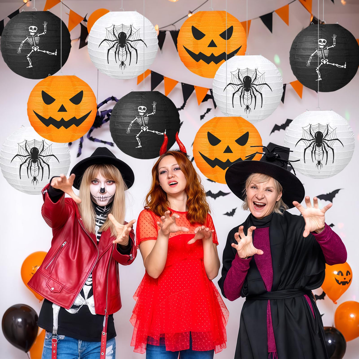KAXIXI Halloween Party Decorations - 10pcs Halloween Spooky Spider Skeleton Pumpkin Printed Hanging Paper Lanterns for Halloween Decorations Birthday Yard Garden Decor Outdoor Indoor