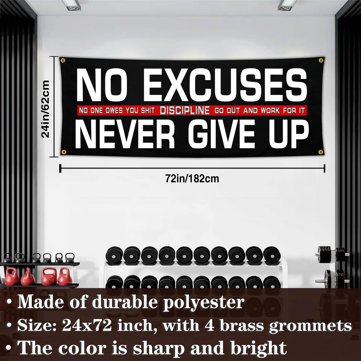 Bomtas Motivational Gym Posters Banners Flags for Home Gym Room Guys Office Bedroom No Excuses Never Give Up Inspirational Flag Banner 24x72 Inch Motivation Wall Art Decor