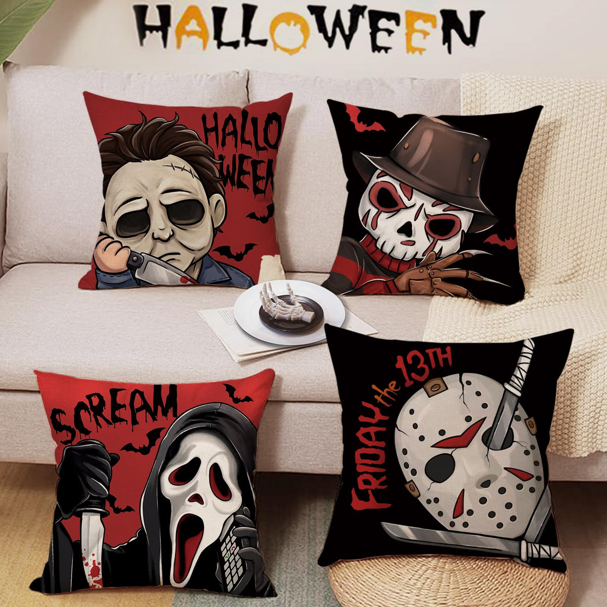 Pycat Halloween Horror Movie Characters Decorative Throw Pillow Covers 18 x 18 Set of 4, Red Black Scary Grim Reaper Mask Porch Outdoor Home Decor, Scream Bloody Knives Bat Sofa Couch Cushion Case