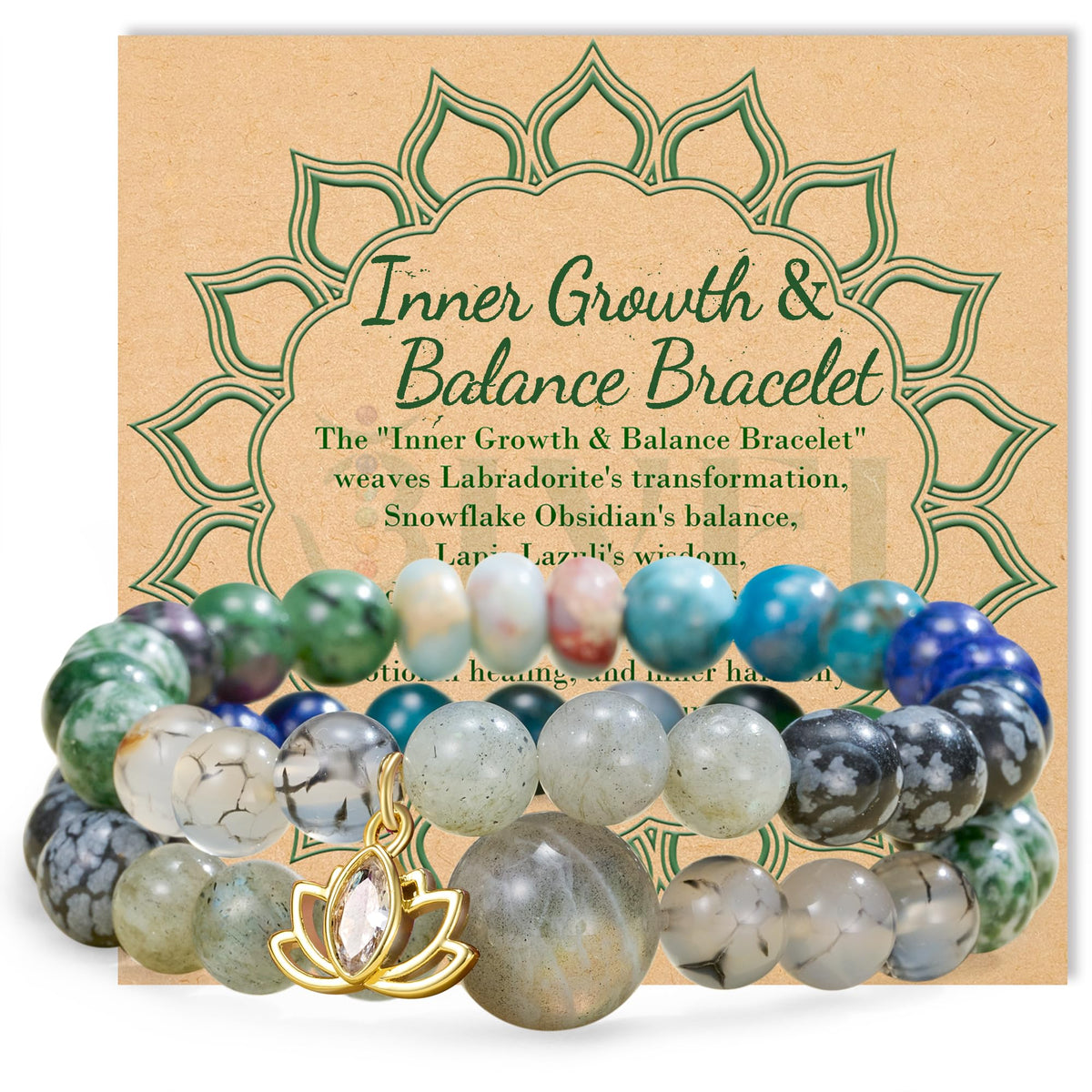 Bivei Beaded Bracelets for Women with Lotus Charm Healing Gemstone Crystal 7 Chakra Bracelet Natural Stretch Bracelets Set for Women Yoga Meditation Anxiety Stress Relief Jewelry(Green)