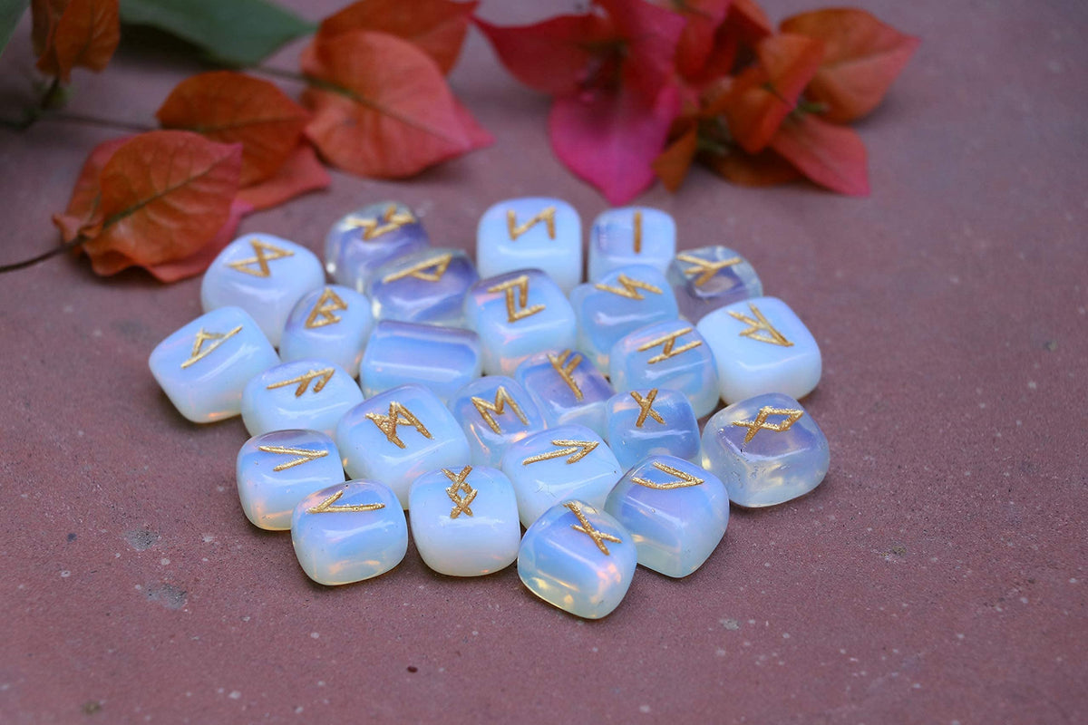 Crocon Oplaite Rune Stones Set with Elder Futhark Alphabet Engraved Symbol for Energy Genrator Chakra Balancing EMF Protection Home Office Decorative Stone Size :- 15-20 mm Approx