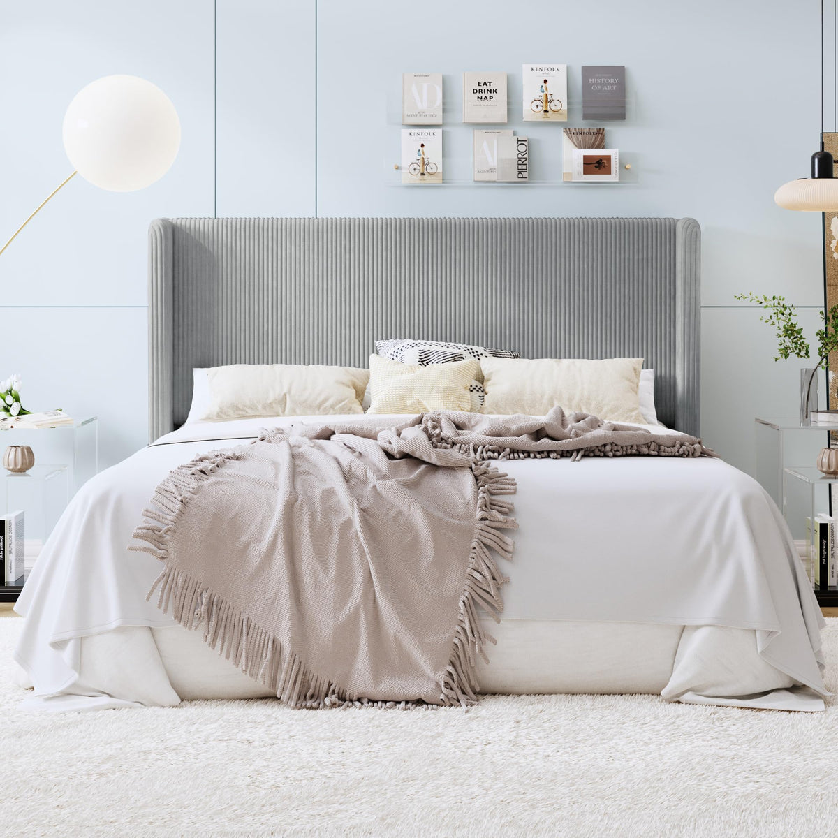 SHA CERLIN King Size Corduroy Upholstered Platform Bed Frame with Vertical Channel Tufted Wingback Headboard, 8" Under Bed Storage, Wooden Slats & Metal Frame Support, Easy Assembly, Light Grey