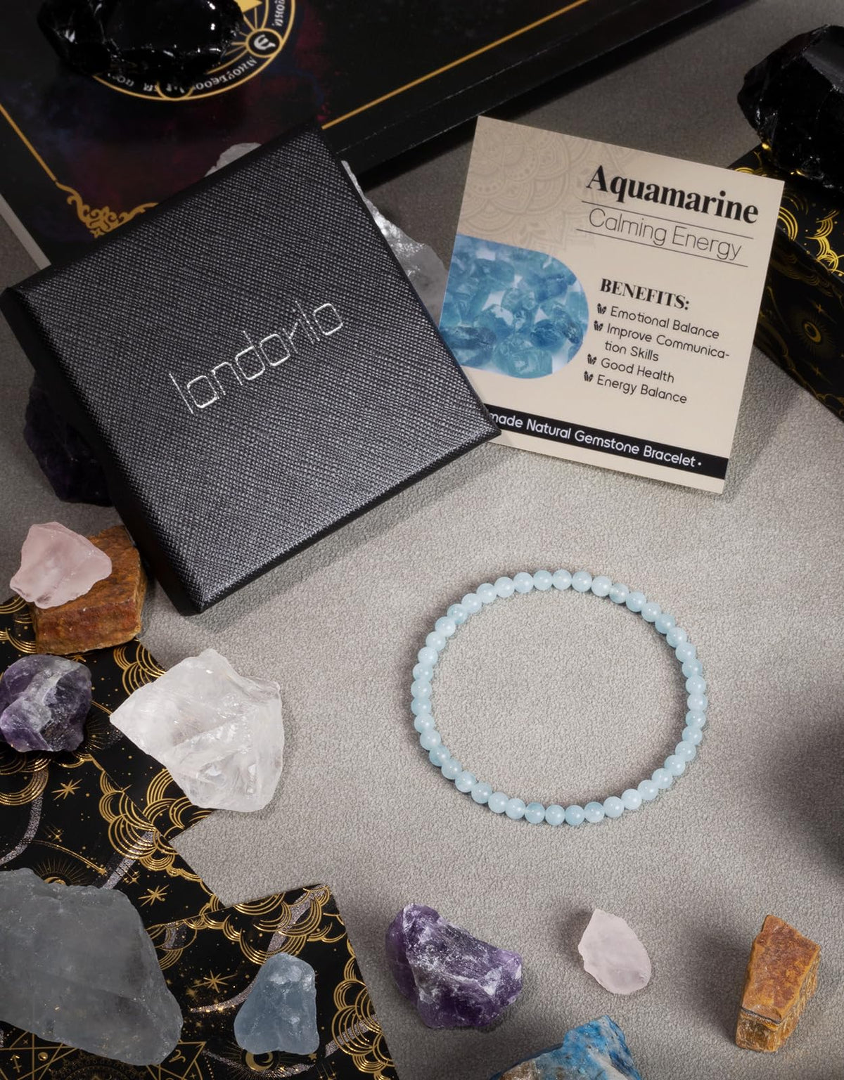 Landorilo Beaded Bracelet for Men Women, 4mm Natural Stone Aquamarine Healing Crystal Stretch Bracelets, Ideal Christmas Birthday Jewelry Gifts with Energy Card，Replacement Beads Included