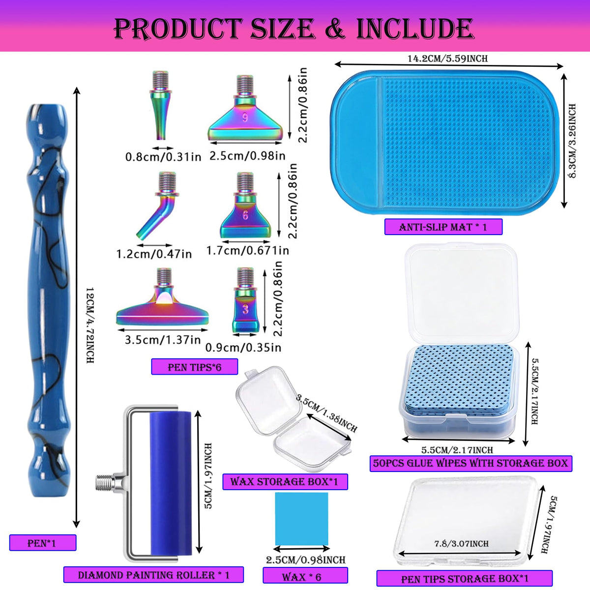 jecxucci Diamond Painting Art Drill Bead Dot Pen Kit with 6pcs Stainless Steel Tips, 6 Glue Clays, Diamond Art Roller and 50Pcs Cleaner Paper, 5D Diamond Painting Trays Sticky Pad (Blue + Colorful)