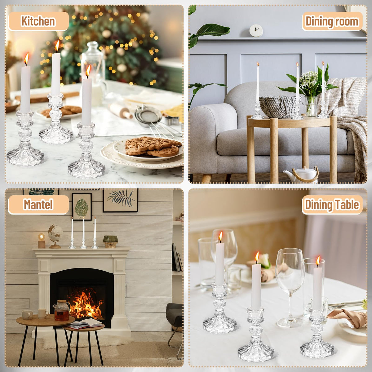 Suclain 12 Pcs Wedding Candlestick Holders Taper Candles Set Clear Glass Candle Holder and White Tapered Candles Dripless Tall Candle Sticks for Wedding Party Table Favor(Transparent)