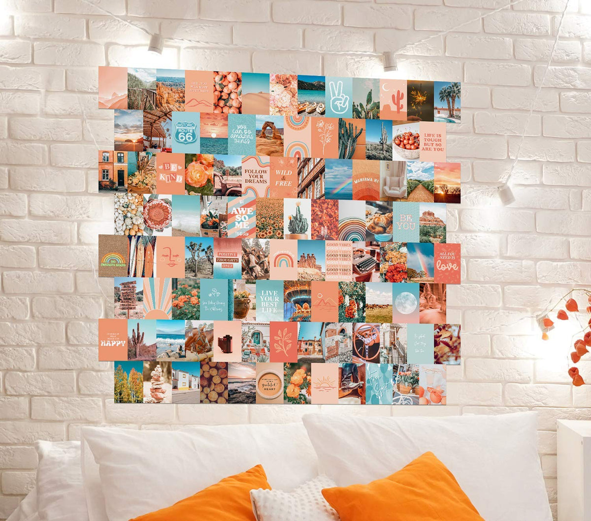 Peach Aesthetic Wall Collage Kit, Room Decor for Teen Girls, Peachy Teal Wall Art Print, Dorm Photo Collection, Boho Posters for Room Aesthetic… (Peach 100 Set)