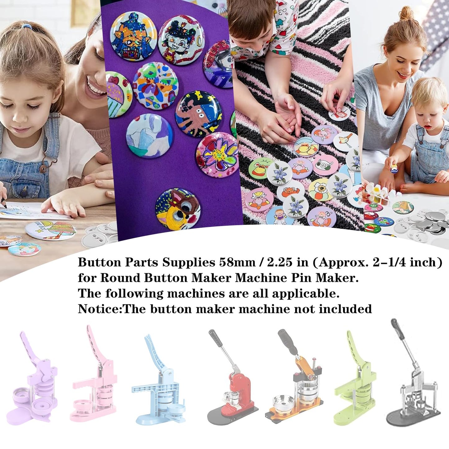 PPTTOODD 100 Sets 58mm / 2.25 in (Approx. 2-1/4 inch) Button Making Supplies for Your Round Button Maker Machine, Including Metal Covers, Plastic Back Covers, Clear Plastic Film & Blank Paper