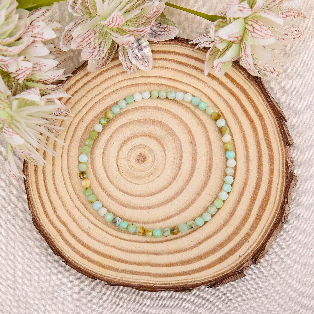 BONNY BOXX Natural Genuine Gemstone Faceted Round Beads Bracelets, 3mm Adjustable Stretchy Tiny Faceted Green Opal Bracelet, Healing Crystal Reiki Chakra Dainty Jewelry Fashion Gifts