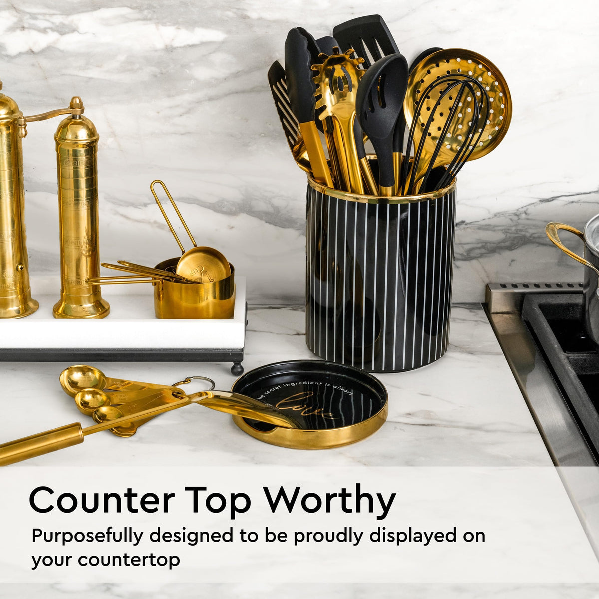 Black and Gold Kitchen Utensils Set - 19-PC Set Includes Stainless Steel and Silicone Cooking Utensils, Measuring Cups and Spoons - Black and Gold Kitchen Accessories for Stylish Cooking & Serving