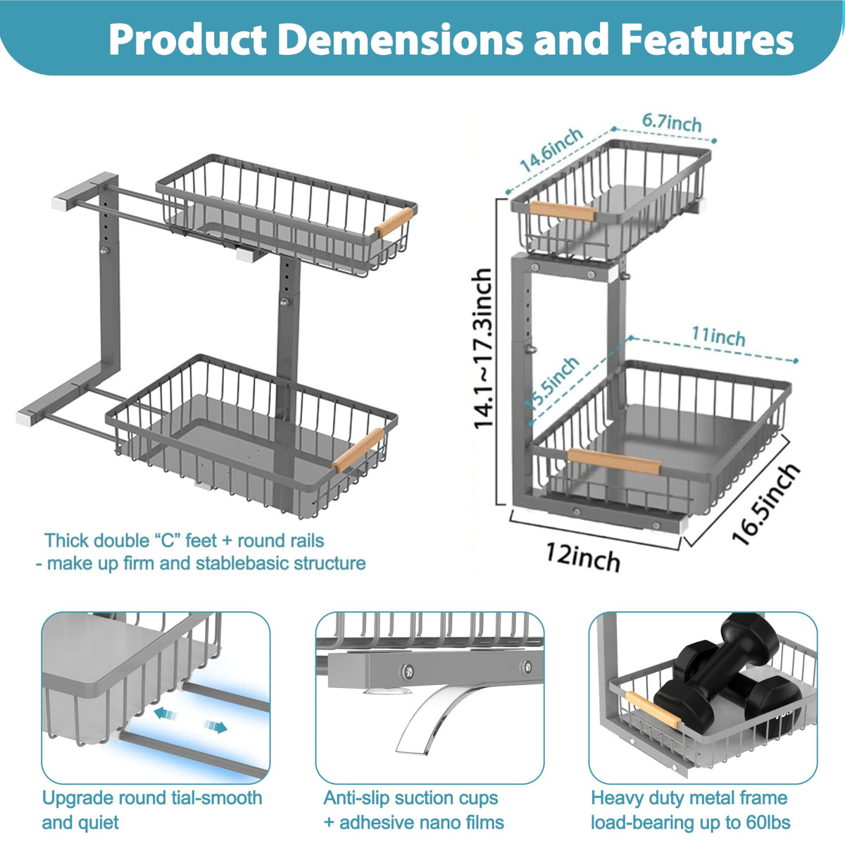 Liuoud Under Sink Organizer 2 Pack, 2 Tier Slide Out Large Capacity Height Adjustable Under Sink Organizers and Storage for Kitchen Bathroom Cabinet, Grey