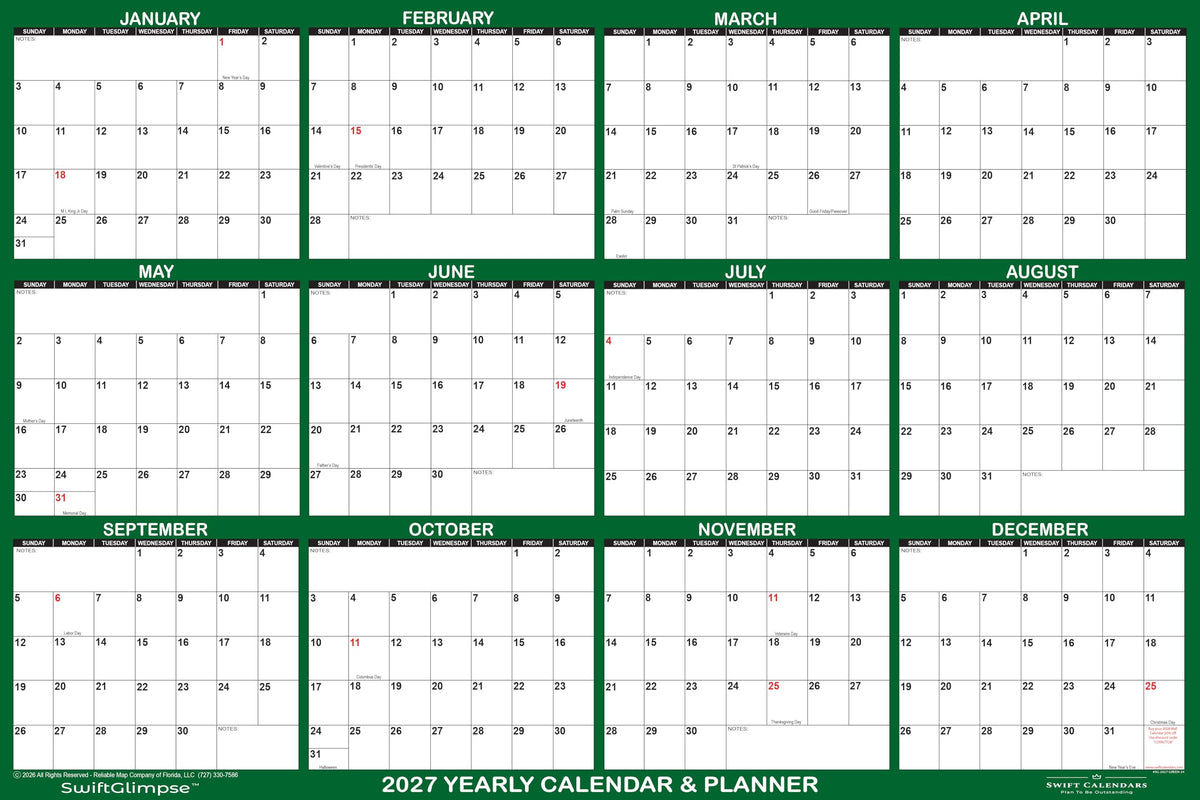 32" x 48" SwiftGlimpse 2027 Wall Calendar Erasable Large Wet & Dry Erase Laminated 12 Month Annual Yearly Wall Planner, Reversible, Horizontal/Vertical, GREEN