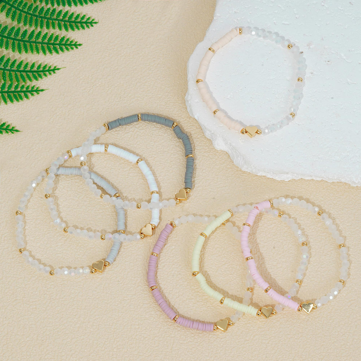 RISHEGAE Heishi Beaded Stretch Bracelets for Women Stackable Gold Polymer Clay Beads Bracelets Friendship Boho Summer Beach Bracelet Jewelry Set (C-Small gray clay 7pcs)