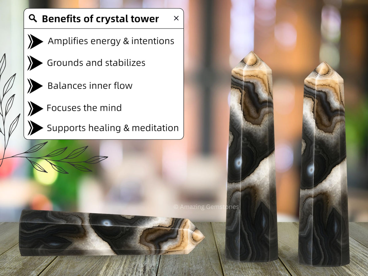 Amazing Gemstone Black Banded Agate Onyx Crystal Towers ~ Natural Healing Crystal Point Obelisk for Reiki Healing and Crystal Grid (3" to 4" INCH)