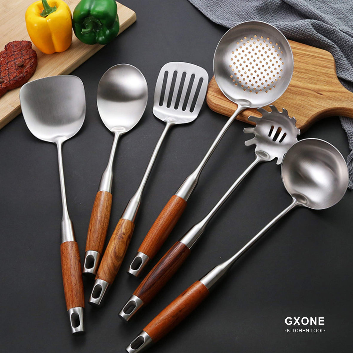 GXONE Spaghetti Spoon,304 Stainless Steel Pasta Spoon with Heat Resistant Wooden Handle,Silver/14.2Inch