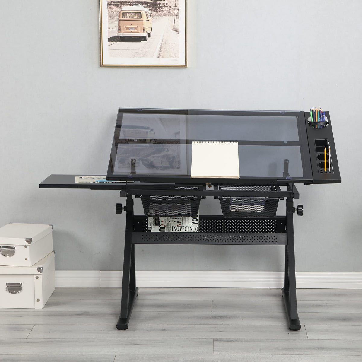 Gecheer Professional Black Drafting Table with Adjustable Tempered Glass Tilting Top 75° Angle and Storage Drawers Chair Included