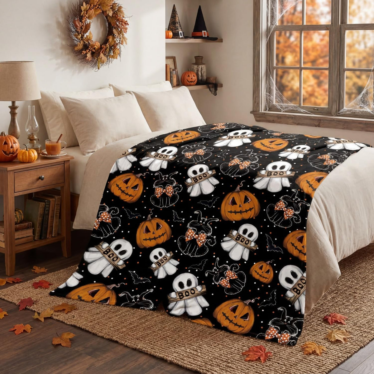 Horaldaily Halloween Flannel Blanket Throw, Jack-O-Lantern Ghost Cat Dots Soft Fuzzy Plush Cozy Fleece Blankets for Couch Sofa Bed Lounging, Ideal Gifts for Kids Adults Wife Self, 50x60